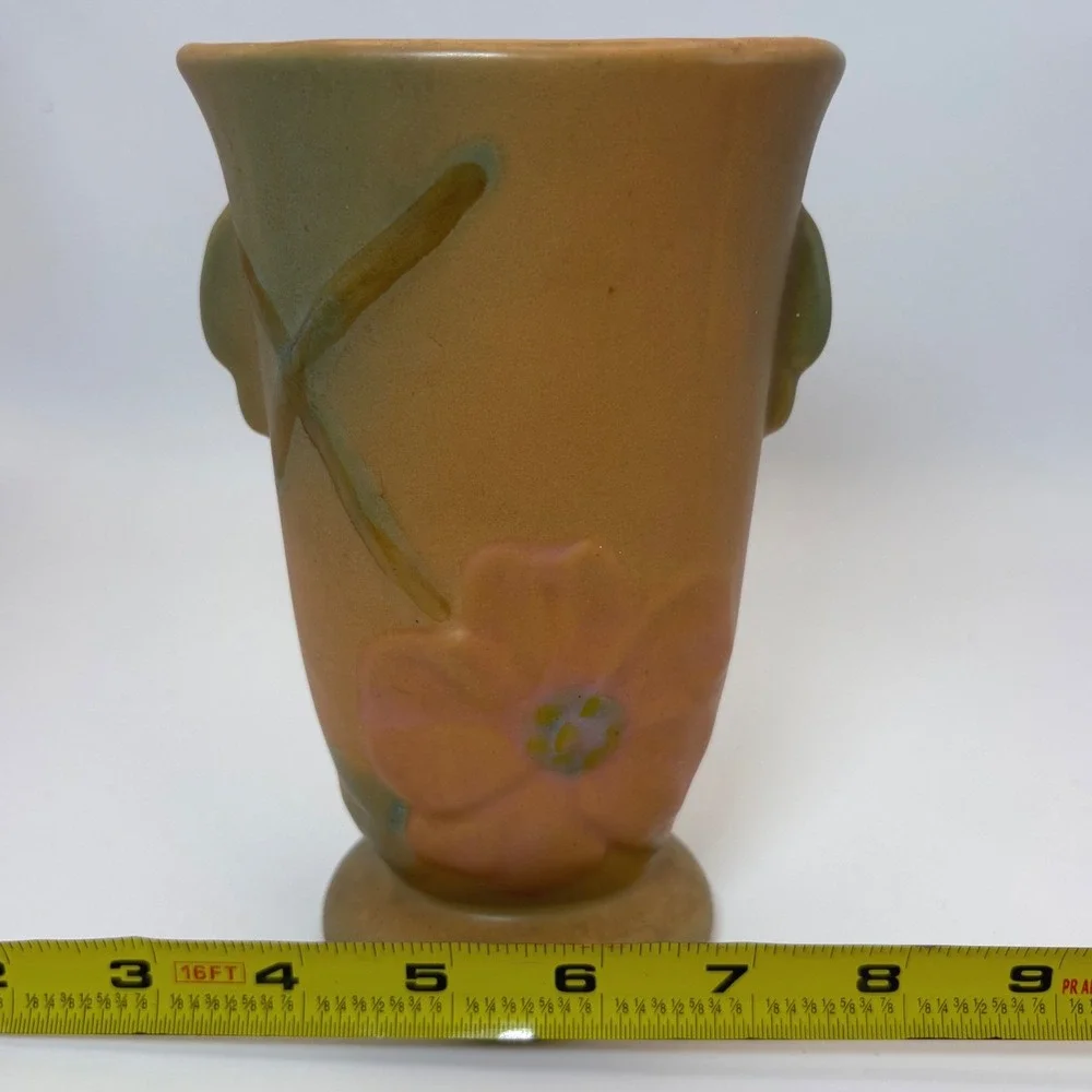 Vintage 1930s Weller Pottery Wild Rose Vase Peach Green Dual Handle 6.5
